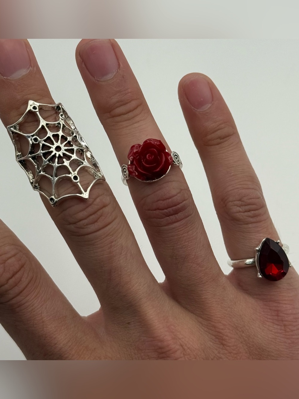 Gothic 3 Ring Set Silver Tone Spiderweb Red Rose Teardrop Punk Jewelry